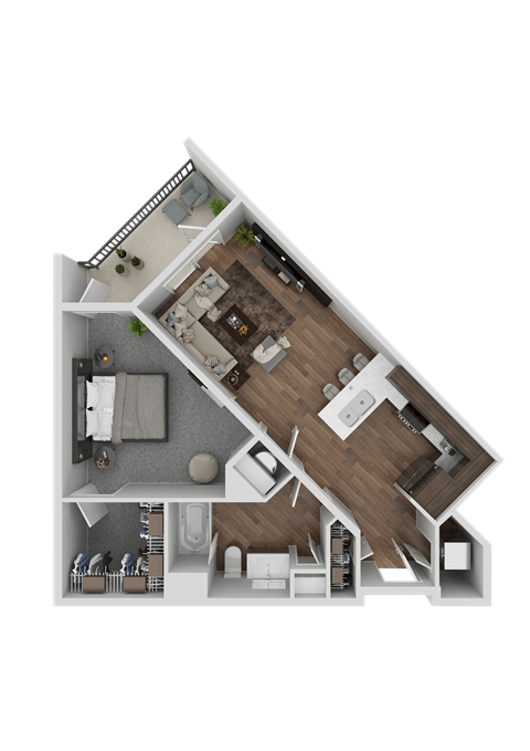 A top-down view of a house floor plan with a kitchen, living room, and bedrooms.